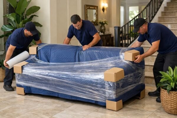 فريق نقل محترف بالكويت يغلّف كنبة كبيرة داخل مدخل منزل