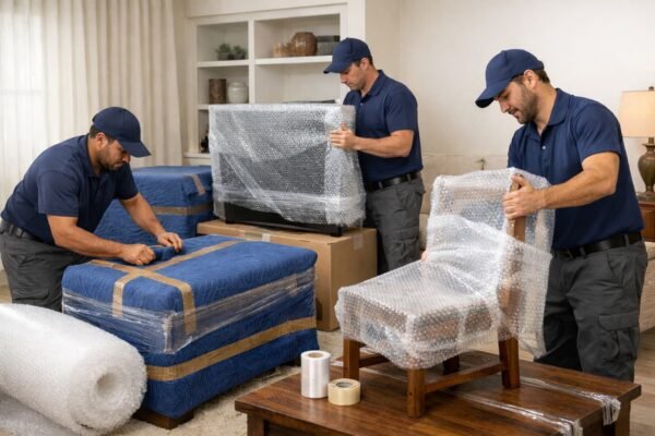 تغليف أثاث ببطاطين وبلاستيك فقاعي داخل منزل