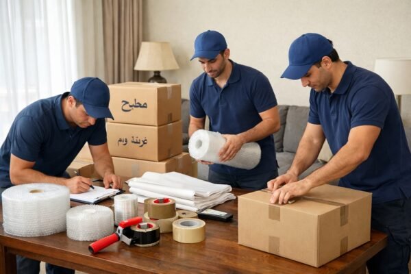 فريق نقل أثاث بالكويت يجهّز مواد التغليف داخل صالة منزل