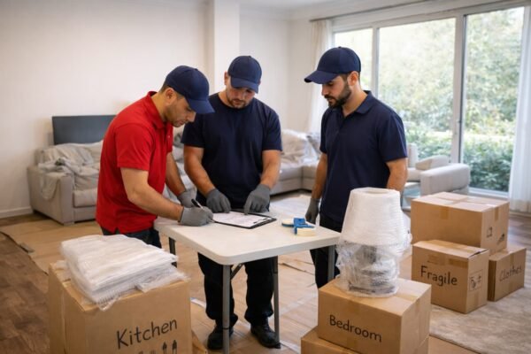 فريق نقل يخطّط لتغليف العفش داخل صالة منزل بالأحمدي