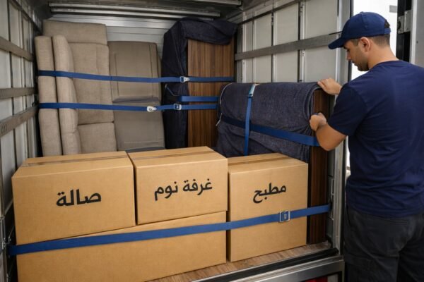 تثبيت الأثاث بأحزمة قوية داخل شاحنة نقل عفش النزهة بالكويت