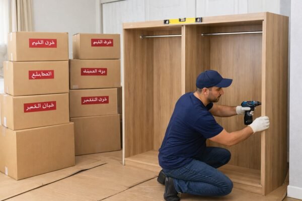 فني يركب دولاب غرفة نوم بعد نقل العفش
