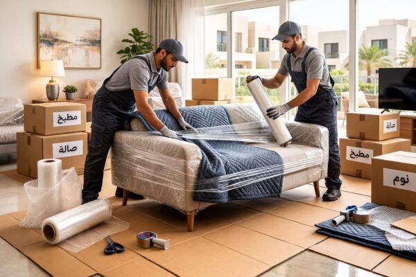 فريق نقل عفش يغلّف كنبة كبيرة داخل منزل بالعديلية