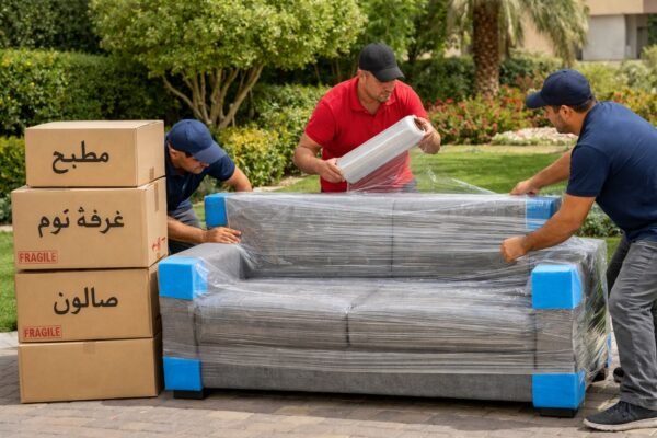 فريق نقل يغلّف كنبة كبيرة بسترتش رول وزوايا حماية في الفروانية