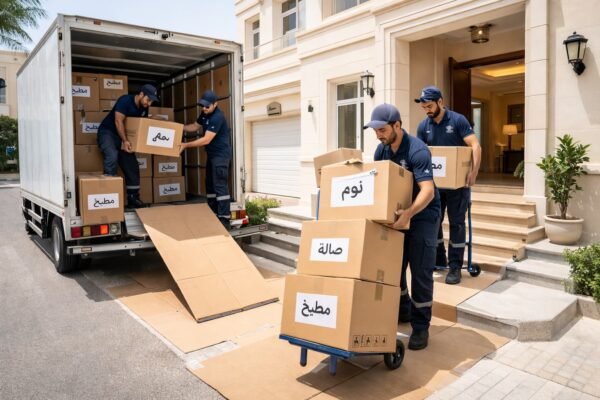 شاحنة نقل عفش تفرغ كراتين مُعلمة أمام منزل بالعديلية