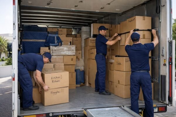 شاحنة نقل مجهزة برافعة هيدروليكية وفريق ينظم الأثاث