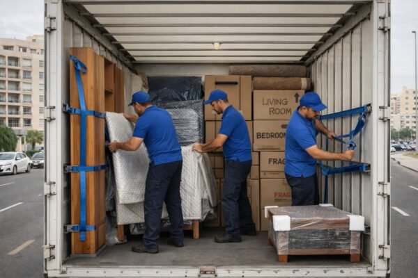 ترتيب تحميل عفش داخل شاحنة نقل بالعاصمة الكويت بشكل آمن