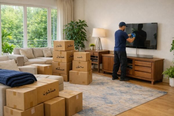صالة منزل بالشامية بعد نقل العفش مع صناديق مرتبة وتركيب التلفاز