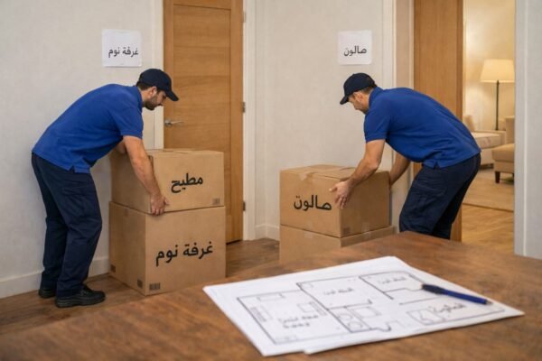 تنزيل صناديق بعناوين الغرف داخل منزل جديد بعد نقل عفش الدسمة