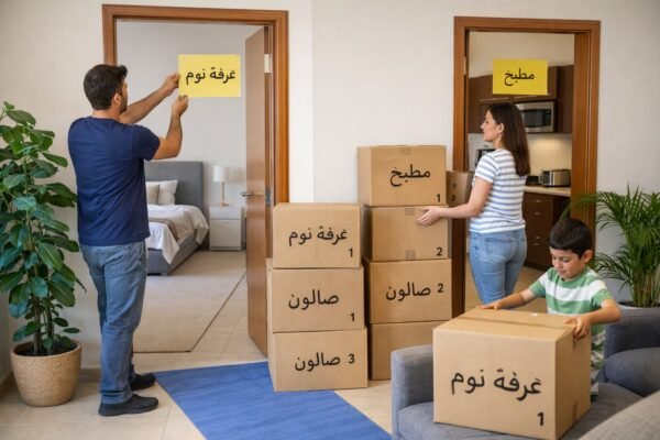ترتيب المنزل الجديد في الفروانية مع توزيع الكراتين حسب الغرف