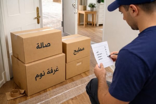 كراتين مُرتبة قرب باب الخروج مع قائمة مراجعة ضمن نقل عفش النزهة بالكويت