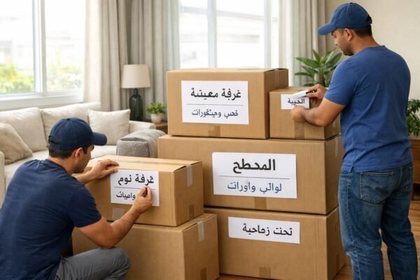 مختصر: فريق نقل يضع ملصقات على كراتين داخل غرفة معيشة بالقادسية
