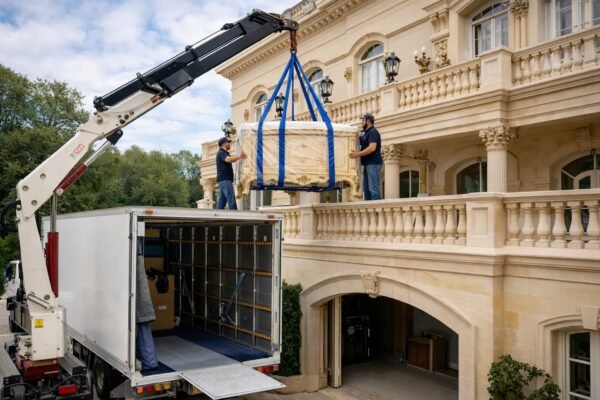 رافعة ترفع أثاث قصر إلى شاحنة نقل