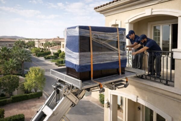 رافعة ترفع قطعة أثاث كبيرة إلى شرفة فيلا
