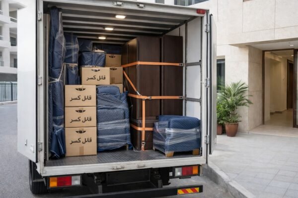 شاحنة نقل مغلقة مرتبة أمام مبنى سكني بالسالمية