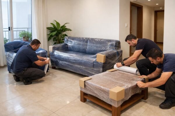 تغليف كنبة وكرسيين داخل شقة بالسالمية قبل نقل العفش