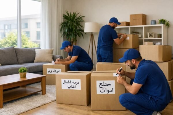 نقل عفش الخالدية بالكويت داخل غرفة معيشة مرتبة مع كراتين مُلصّقة