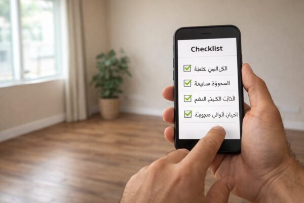 مختصر: شخص يراجع قائمة فحص على الهاتف بعد نقل العفش بالقادسية