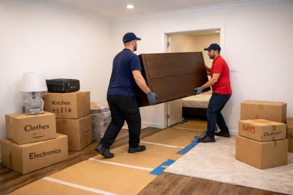 عاملان ينقلان دولابًا مفككًا داخل شقة جديدة بالأحمدي مع حماية الأرض