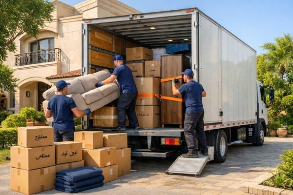 شاحنة نقل عفش مغلقة أمام منزل بالشامية مع عمال يثبتون الأثاث بأحزمة