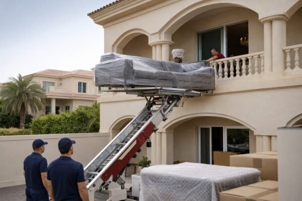رافعة خارجية ترفع كنبة إلى شرفة فيلا