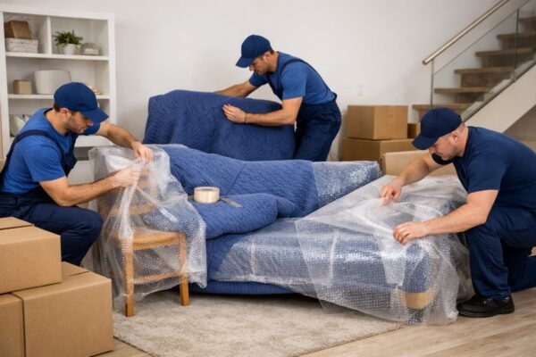 عمال يغلفون أثاث منزل في الجابرية