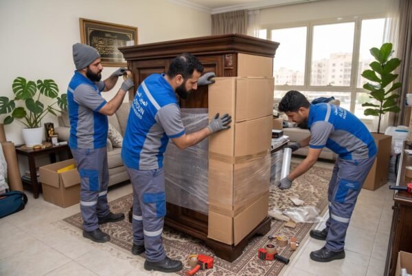 فنيون يطبقون تقنية التغليف ثلاثي الطبقات على قطع أثاث خشبية لحمايتها في منطقة العيون بالكويت