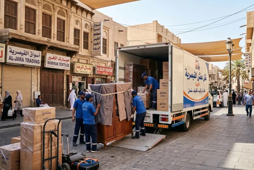 عمال ينقلون أثاثاً وكراتين أمام شاحنة نقل في سوق القيصرية بالكويت