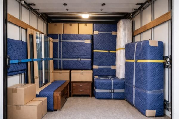 شاحنة نقل أثاث مغلقة مرتبة بأثاث مغلف ومثبت