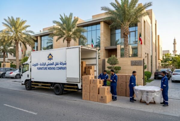 فنيون ينقلون عفشاً مغلفاً وصناديق كرتونية إلى شاحنة هاف لوري بيضاء أمام فيلا حديثة بالكويت