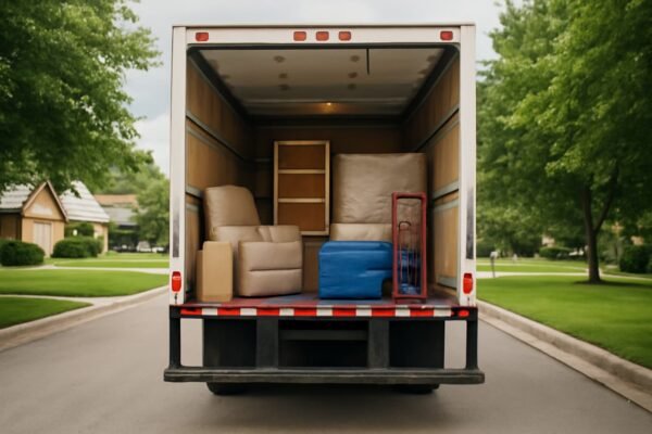 الأثاث داخل شاحنة النقل أثناء التوجه إلى المكان الجديد