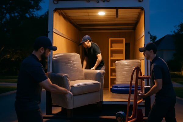 فريق عمل يقوم بترتيب الأثاث في الشاحنة في وقت متأخر