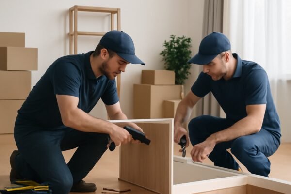 عاملين يقومون بتركيب الأثاث في المكان الجديد.