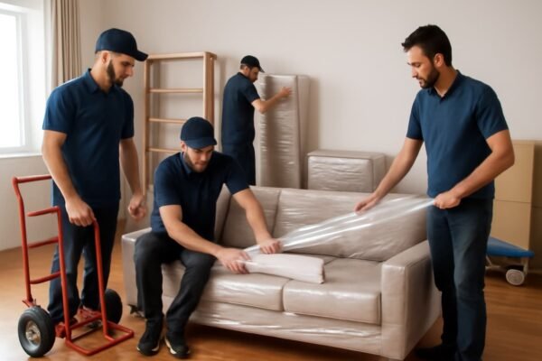 فريق عمل يغلف الأثاث بعناية في منزل