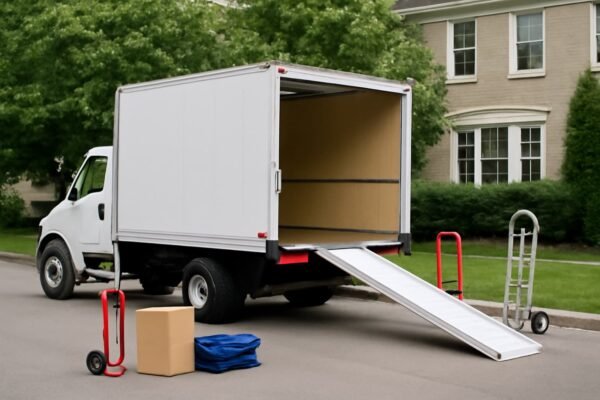 سيارة شحن متخصصة في نقل العفش مع معدات النقل اللازمة.