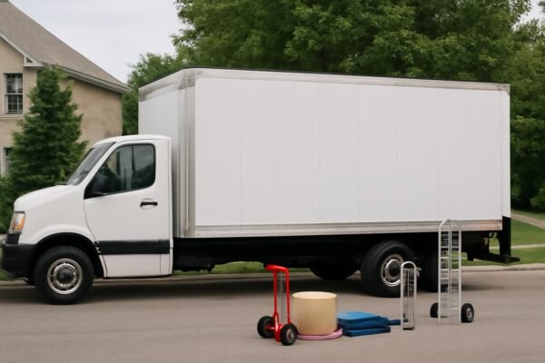 شاحنة نقل مخصصة لنقل الأثاث مع تجهيزات النقل المناسبة.