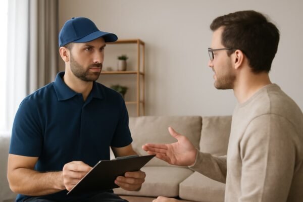 موظف يتحدث مع العميل حول التأمين على الأثاث.