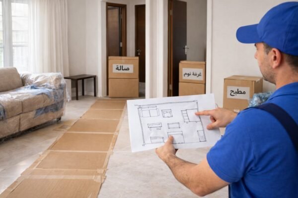 فني نقل عفش يحدد أماكن الأثاث قبل التركيب مع كراتين مُعنونة